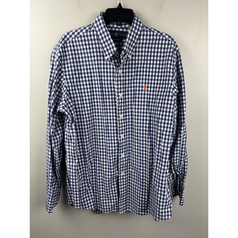 Ralph Lauren Men XL Shirt Blue White Check Button Long Sleeve Orange Pony Cotton